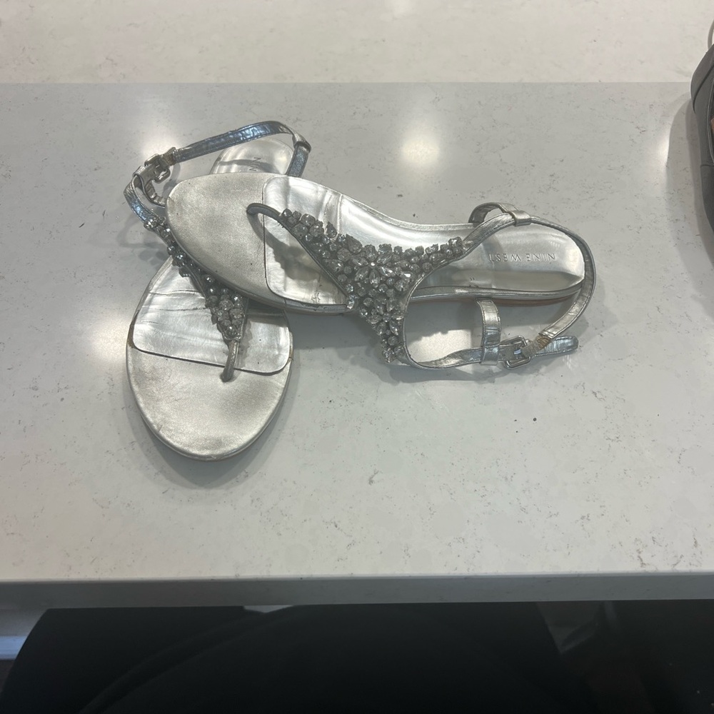 Nine West Metallic Silver Sandals with Crystal Accents